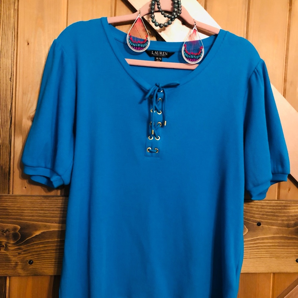 Lauren Ralph Lauren Blue Tie Front Short Sleeve Top